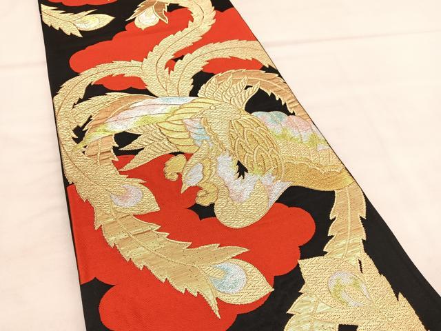 平和屋着物◎六通柄袋帯 唐織 鳳凰 黒地 金銀糸 正絹 逸品 BAAU7611hv