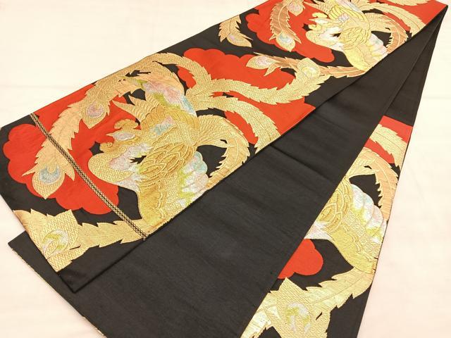 平和屋着物◎六通柄袋帯 唐織 鳳凰 黒地 金銀糸 正絹 逸品 BAAU7611hv