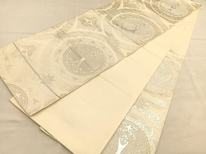 平和屋着物◎六通柄袋帯　向かい鳳凰花丸文　銀糸　BAAU7615hv