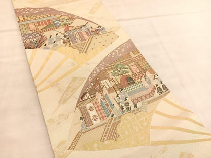 平和屋着物◎六通柄袋帯　扇面人物風景文　金糸　正絹　逸品　BAAU7629hv