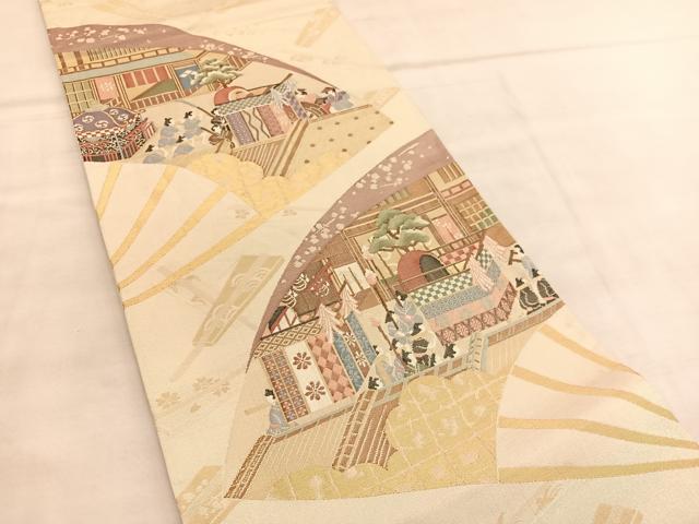 平和屋着物◎六通柄袋帯　扇面人物風景文　金糸　正絹　逸品　BAAU7629hv