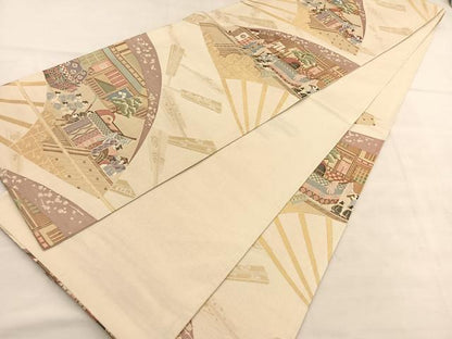 平和屋着物◎六通柄袋帯　扇面人物風景文　金糸　正絹　逸品　BAAU7629hv
