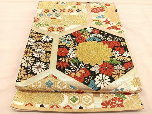 平和屋着物◎六通柄袋帯　唐織　亀甲花文　金糸　BAAU7634hv