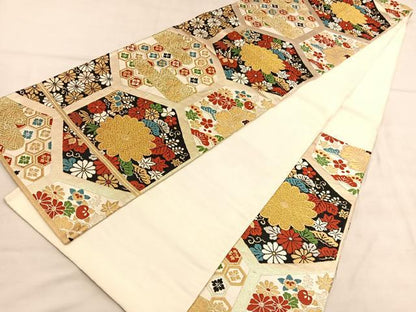平和屋着物◎六通柄袋帯　唐織　亀甲花文　金糸　BAAU7634hv