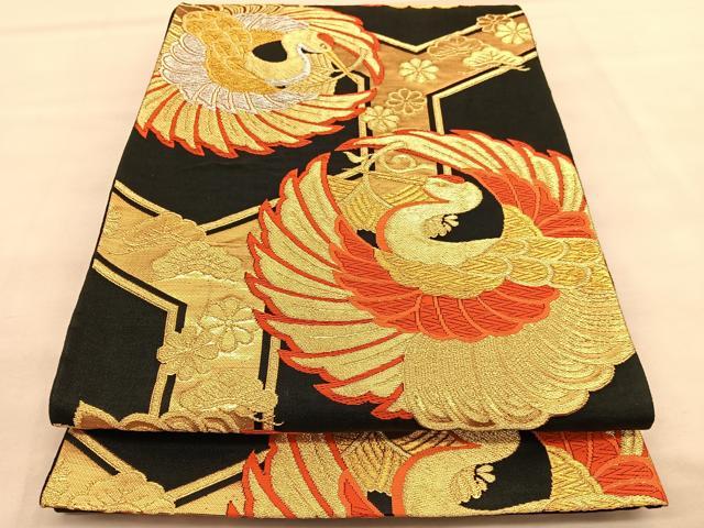 平和屋着物◎六通柄袋帯　唐織　鶴　黒地　金銀糸　正絹　逸品　BAAU7636hv