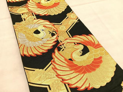 平和屋着物◎六通柄袋帯　唐織　鶴　黒地　金銀糸　正絹　逸品　BAAU7636hv