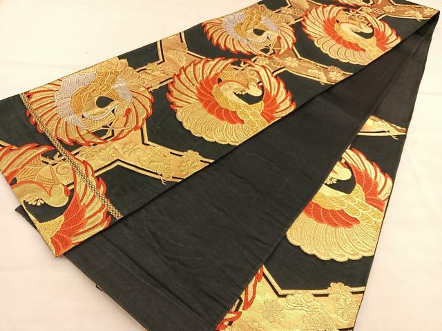 平和屋着物◎六通柄袋帯　唐織　鶴　黒地　金銀糸　正絹　逸品　BAAU7636hv