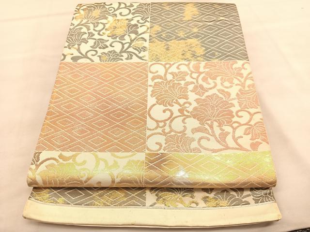 平和屋着物◎六通柄袋帯　市松花唐草文　金糸　正絹　逸品　BAAU7657hv