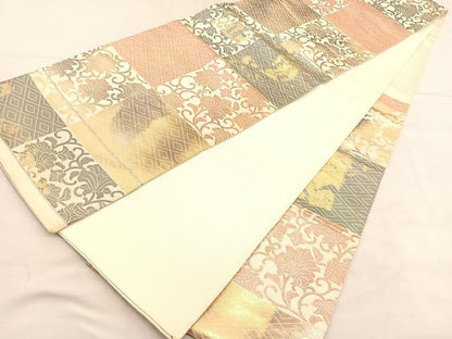 平和屋着物◎六通柄袋帯　市松花唐草文　金糸　正絹　逸品　BAAU7657hv