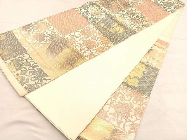 平和屋着物◎六通柄袋帯　市松花唐草文　金糸　正絹　逸品　BAAU7657hv