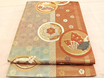 平和屋着物◎六通柄袋帯 花蝶丸文 金糸 正絹 逸品 BAAU7687hv