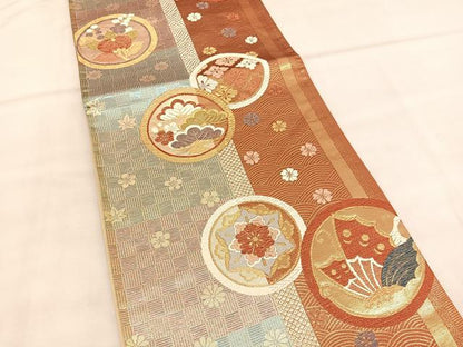 平和屋着物◎六通柄袋帯 花蝶丸文 金糸 正絹 逸品 BAAU7687hv