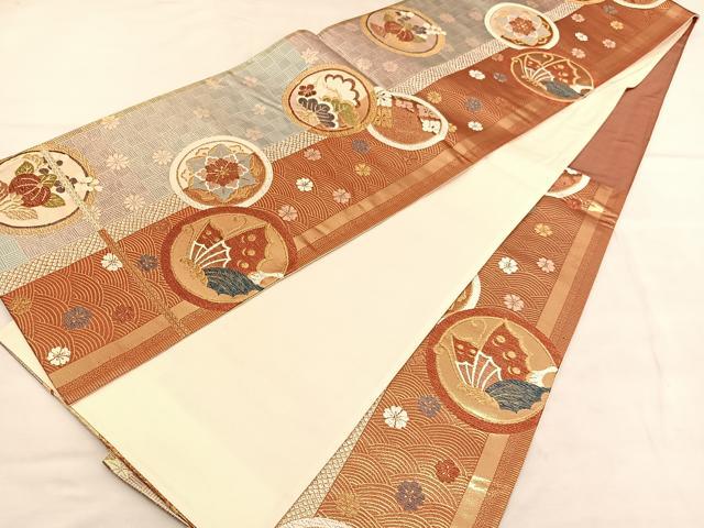 平和屋着物◎六通柄袋帯 花蝶丸文 金糸 正絹 逸品 BAAU7687hv