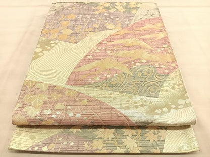 平和屋着物◎六通柄袋帯 地紙飛鶴花文 金糸 正絹 逸品 BAAU7688hv
