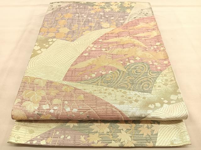 平和屋着物◎六通柄袋帯 地紙飛鶴花文 金糸 正絹 逸品 BAAU7688hv