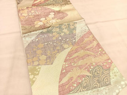 平和屋着物◎六通柄袋帯 地紙飛鶴花文 金糸 正絹 逸品 BAAU7688hv
