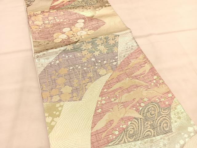平和屋着物◎六通柄袋帯 地紙飛鶴花文 金糸 正絹 逸品 BAAU7688hv
