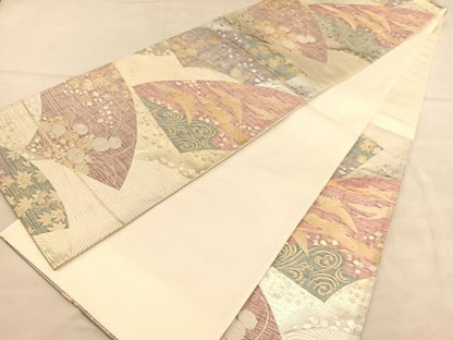 平和屋着物◎六通柄袋帯 地紙飛鶴花文 金糸 正絹 逸品 BAAU7688hv