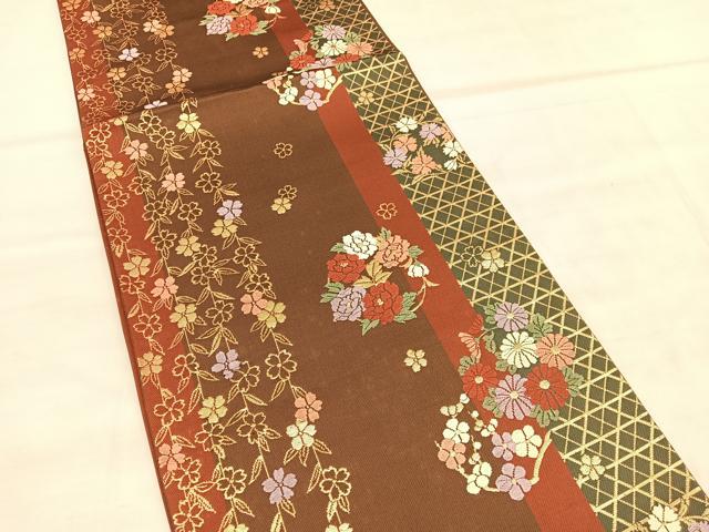 平和屋着物◎六通柄袋帯 唐織 枝垂れ桜花丸文 金糸 正絹 逸品 BAAU7710hv