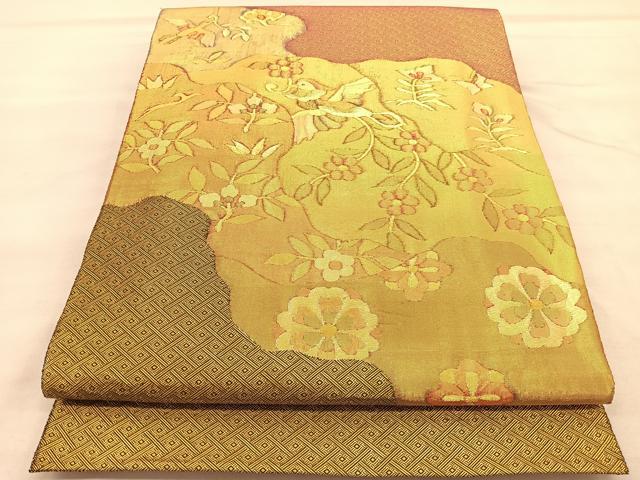 平和屋着物◎佐賀錦　太鼓柄袋帯　花喰い鳥　金糸　正絹　逸品　BAAU7715hv