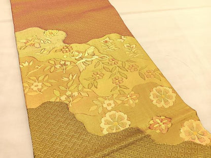 平和屋着物◎佐賀錦　太鼓柄袋帯　花喰い鳥　金糸　正絹　逸品　BAAU7715hv