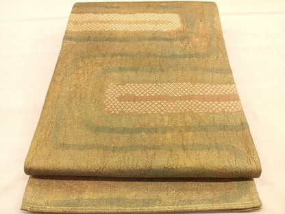 平和屋着物◎六通柄袋帯　ふくれ織　幾何学文様　金糸　正絹　逸品　BAAU7716hv