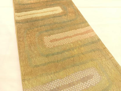 平和屋着物◎六通柄袋帯　ふくれ織　幾何学文様　金糸　正絹　逸品　BAAU7716hv