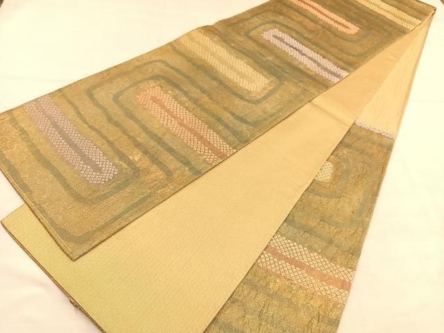平和屋着物◎六通柄袋帯　ふくれ織　幾何学文様　金糸　正絹　逸品　BAAU7716hv