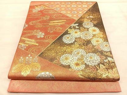 平和屋着物◎太鼓柄袋帯　菊流水筏文　金銀彩　正絹　逸品　BAAU7721hv
