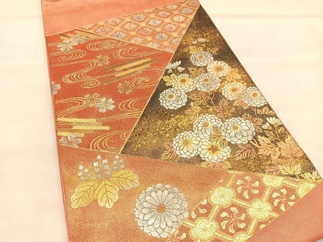 平和屋着物◎太鼓柄袋帯　菊流水筏文　金銀彩　正絹　逸品　BAAU7721hv