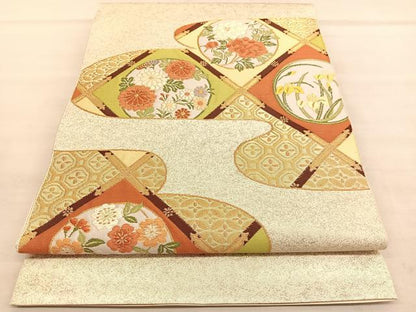 平和屋着物◎太鼓柄袋帯　唐織　菱天井花丸文　金糸　引箔　正絹　逸品　BAAU7734hv