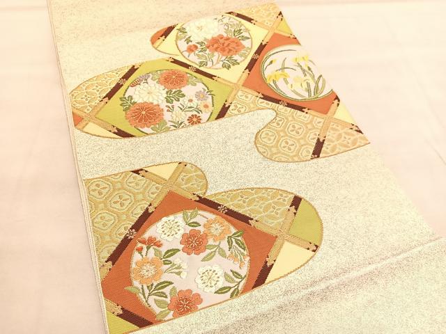 平和屋着物◎太鼓柄袋帯　唐織　菱天井花丸文　金糸　引箔　正絹　逸品　BAAU7734hv