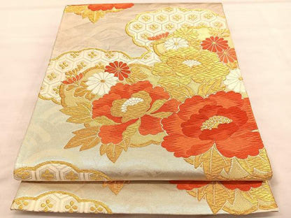 平和屋着物◎六通柄袋帯　唐織　雲取り牡丹文　やまとオリジナル　金糸　正絹　逸品　BAAU7741hv