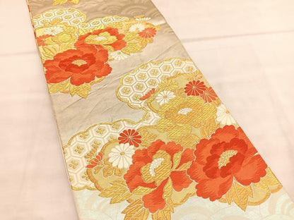 平和屋着物◎六通柄袋帯　唐織　雲取り牡丹文　やまとオリジナル　金糸　正絹　逸品　BAAU7741hv