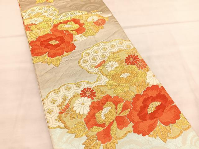 平和屋着物◎六通柄袋帯　唐織　雲取り牡丹文　やまとオリジナル　金糸　正絹　逸品　BAAU7741hv