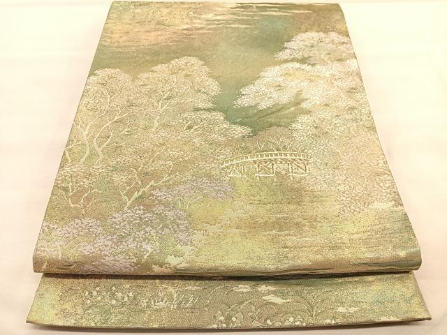 平和屋着物◎六通柄袋帯　渡橋風景文　金糸　正絹　逸品　BAAU7748hv