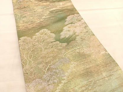平和屋着物◎六通柄袋帯　渡橋風景文　金糸　正絹　逸品　BAAU7748hv