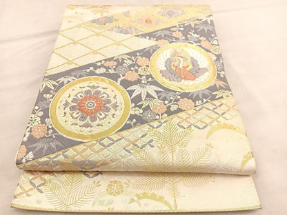 平和屋着物◎六通柄袋帯　唐織　松竹梅　鶴花丸文　金糸　正絹　逸品　BAAU7771hv