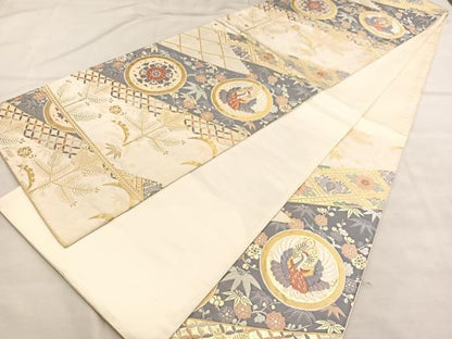 平和屋着物◎六通柄袋帯　唐織　松竹梅　鶴花丸文　金糸　正絹　逸品　BAAU7771hv