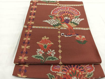 平和屋着物◎六通柄袋帯　孔雀花文　正絹　逸品　BAAU7784hv