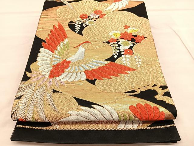平和屋着物◎六通柄袋帯　唐織　鳳凰松花文　黒地　金銀糸　正絹　逸品　BAAU7786hv