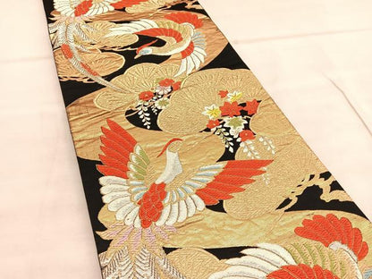 平和屋着物◎六通柄袋帯　唐織　鳳凰松花文　黒地　金銀糸　正絹　逸品　BAAU7786hv
