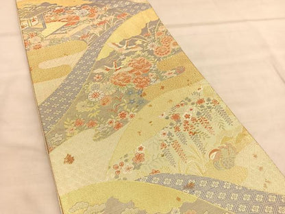 平和屋着物◎宝珠本佐賀錦　六通柄袋帯　鴛鴦遠山飛鶴花文　九百錦　金糸　正絹　逸品　BAAU7787hv