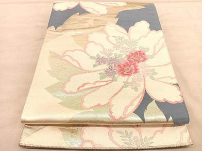 平和屋着物◎六通柄袋帯　唐織　草花文　銀糸　正絹　逸品　BAAU7795hv