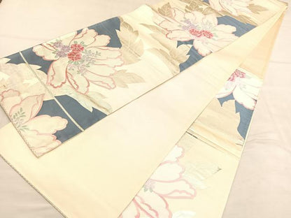 平和屋着物◎六通柄袋帯　唐織　草花文　銀糸　正絹　逸品　BAAU7795hv