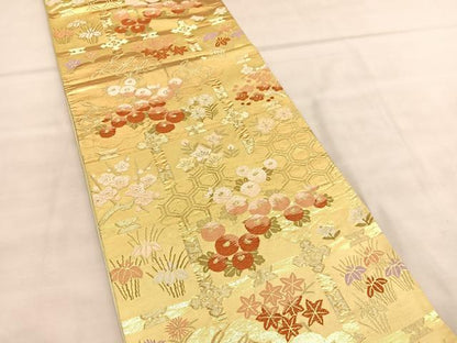 平和屋着物◎六通柄袋帯　唐織　万寿菊格天井花文　金糸　正絹　逸品　BAAU7808hv
