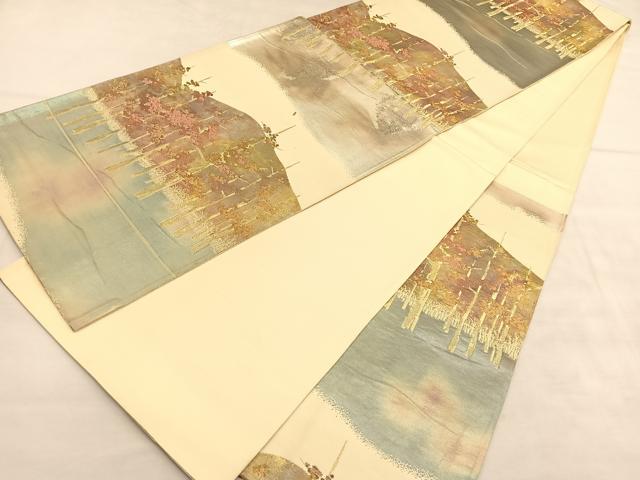 平和屋着物◎六通柄袋帯 遠山樹林風景文 金銀糸 正絹 逸品 BAAU7830hv