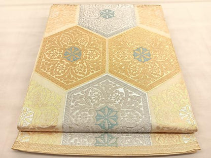 平和屋着物◎西陣　服部織物謹製　六通柄　本袋帯　亀甲花文　白鳥錦　金銀糸　正絹　逸品　BAAU7832hv