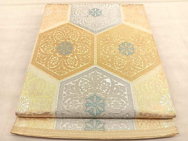 平和屋着物◎西陣　服部織物謹製　六通柄　本袋帯　亀甲花文　白鳥錦　金銀糸　正絹　逸品　BAAU7832hv
