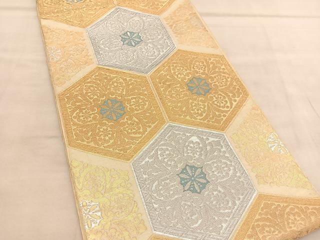 平和屋着物◎西陣　服部織物謹製　六通柄　本袋帯　亀甲花文　白鳥錦　金銀糸　正絹　逸品　BAAU7832hv
